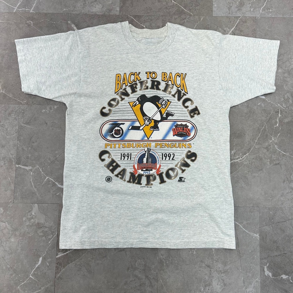 Vintage Pittsburgh Penguins Graphic Tee Mens Medium Back To Back Champions Shirt